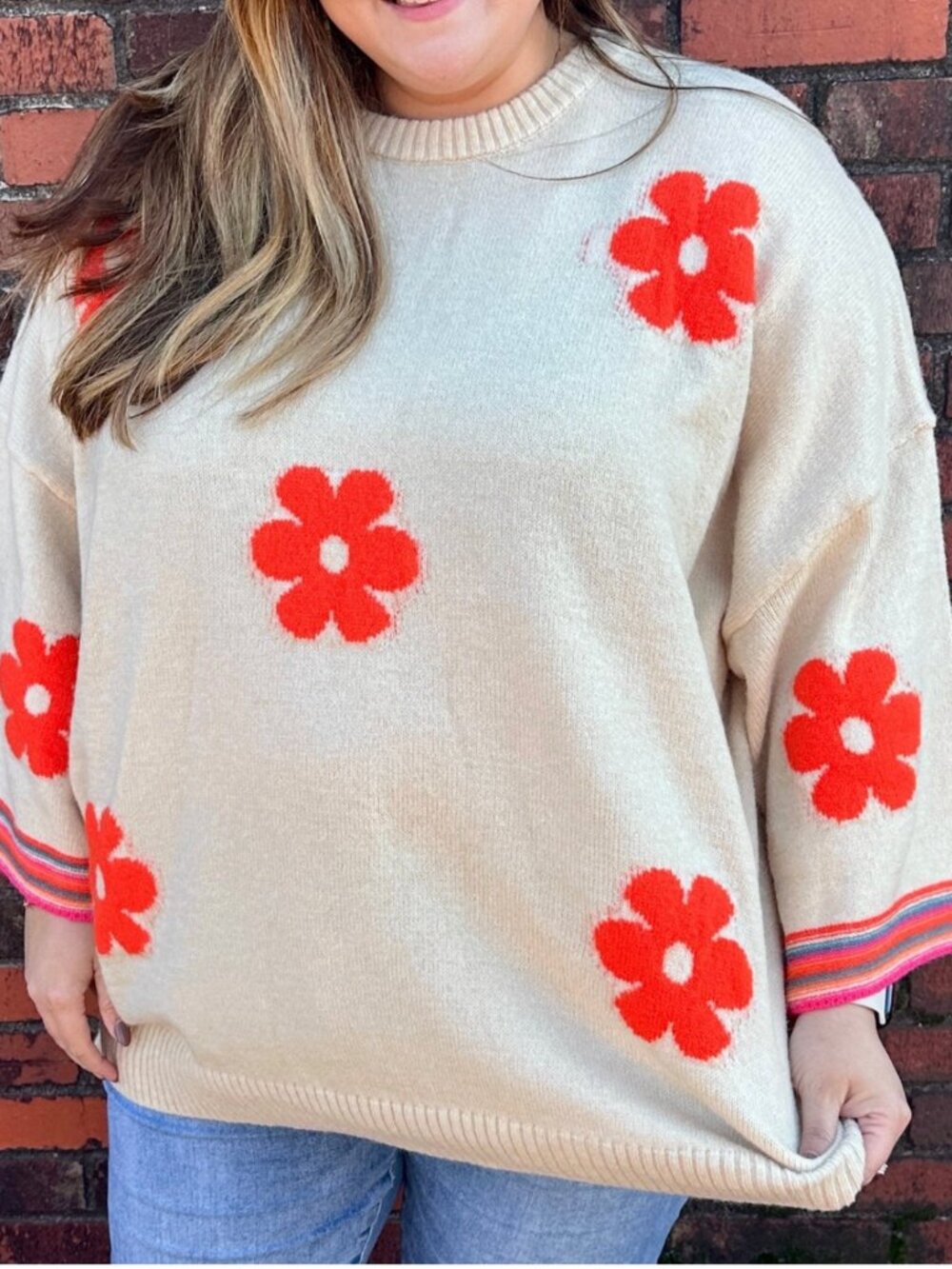 Easel Plus Crewneck Floral Sweater Size 2X Neutral Cozy Chic Boho * E10